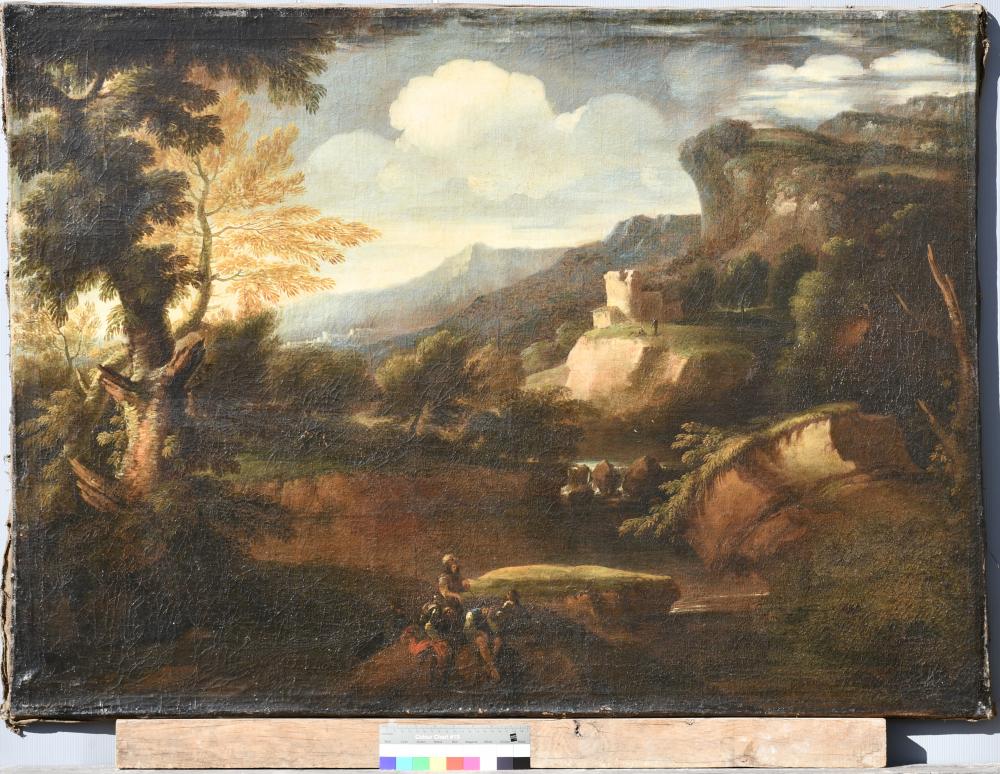 Conservation-restauration d'un paysage peint au XVII, anonyme et de son cadre, avec Thierry Martel, Béatrice Damour et Philippe Boulet.